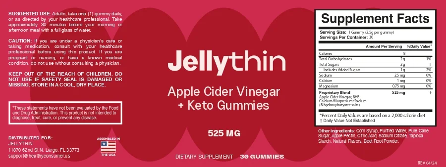 JellyThin Supplement Facts label showing the 525 mg proprietary blend and suggested use